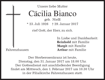 Traueranzeige von Cäcilia Bianco von merkurtz