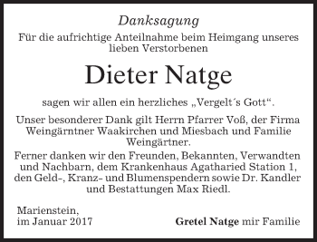 Traueranzeige von Dieter Natge von merkurtz