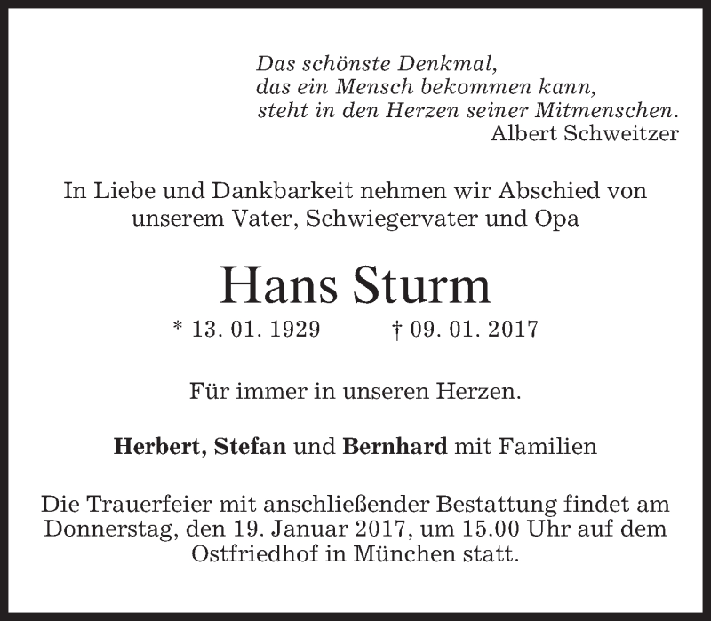  Traueranzeige für Hans Sturm vom 14.01.2017 aus merkurtz
