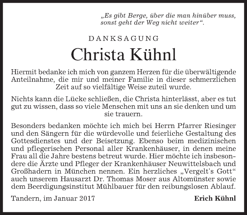 Traueranzeige für Christa Kühnl vom 28.01.2017 aus merkurtz