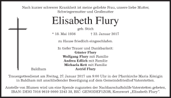 Traueranzeige von Elisabeth Flury von merkurtz