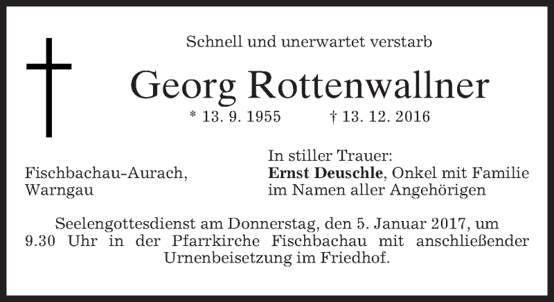  Traueranzeige für Georg Rottenwallner vom 03.01.2017 aus merkurtz