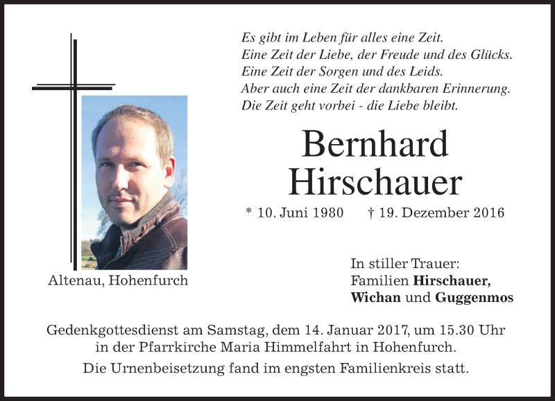  Traueranzeige für Bernhard Hirschauer vom 04.01.2017 aus merkurtz