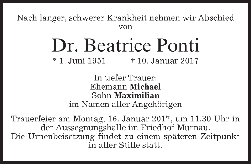  Traueranzeige für Beatrice Ponti vom 13.01.2017 aus merkurtz