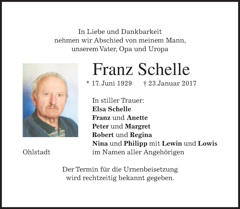  Traueranzeige für Franz Schelle vom 25.01.2017 aus merkurtz