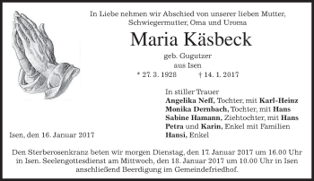 Traueranzeige von Maria Käsbeck von merkurtz