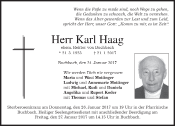 Traueranzeige von Karl Haag von merkurtz