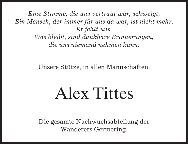  Traueranzeige für Alex Tittes vom 10.01.2017 aus merkurtz