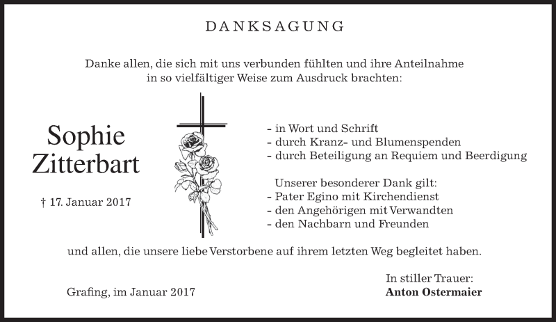  Traueranzeige für Sophie Zitterbart vom 28.01.2017 aus merkurtz