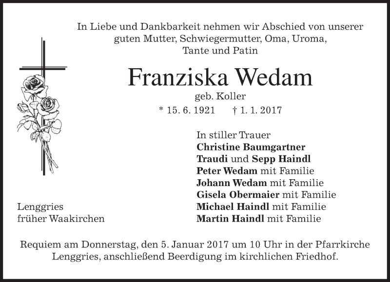  Traueranzeige für Franziska Wedam vom 04.01.2017 aus merkurtz