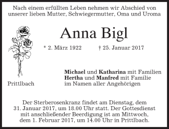 Traueranzeige von Anna Bigl von merkurtz