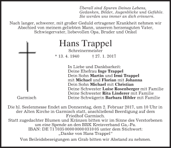 Traueranzeige von Hans Trappel von merkurtz