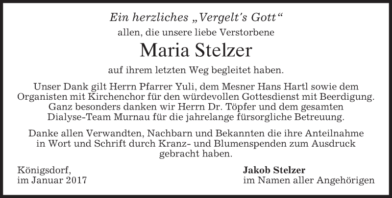  Traueranzeige für Maria Stelzer vom 28.01.2017 aus merkurtz