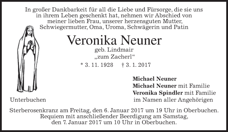  Traueranzeige für Veronika Neuner vom 05.01.2017 aus merkurtz