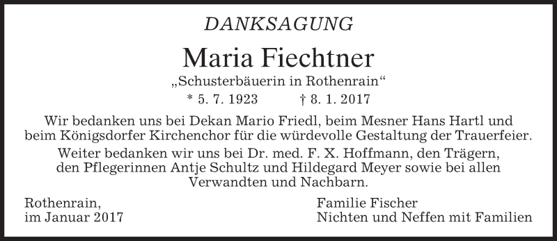  Traueranzeige für Maria Fiechtner vom 21.01.2017 aus merkurtz
