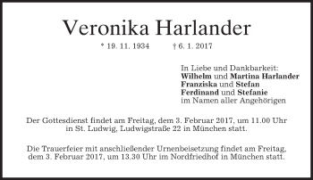 Traueranzeige von Veronika Harlander von merkurtz