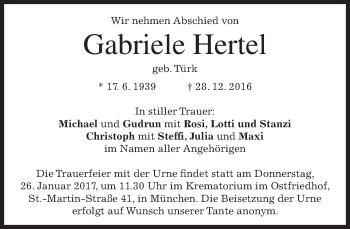 Traueranzeige von Gabriele Hertel von merkurtz