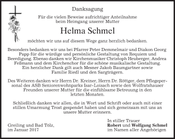 Traueranzeige von Helma Schmel von merkurtz