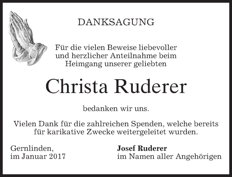  Traueranzeige für Christa Ruderer vom 21.01.2017 aus merkurtz