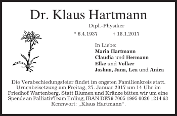 Traueranzeige von Klaus Hartmann von merkurtz