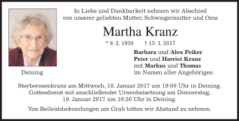 Traueranzeige von Martha Kranz von merkurtz