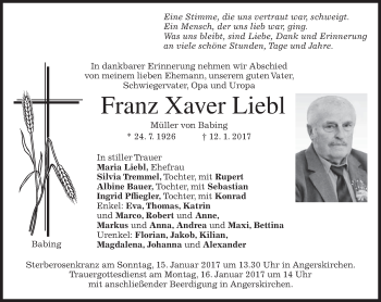 Traueranzeige von Franz Xaver Liebl von merkurtz