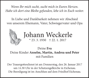 Traueranzeige von Johann Weckerle von merkurtz