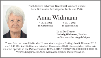 Traueranzeige von Anna Widmann von merkurtz