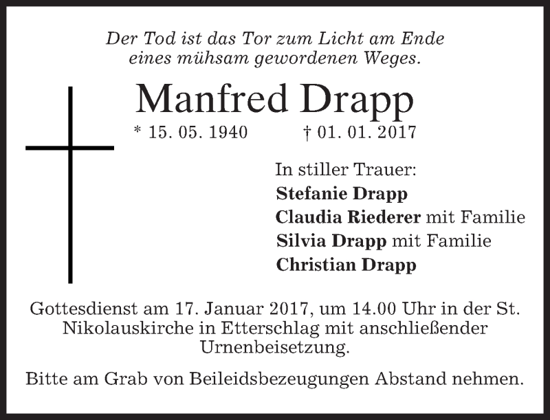  Traueranzeige für Manfred Drapp vom 14.01.2017 aus merkurtz