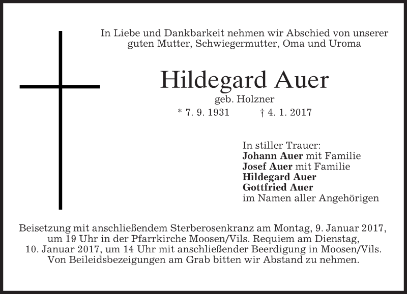  Traueranzeige für Hildegard Auer vom 07.01.2017 aus merkurtz