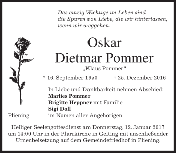 Traueranzeige von Oskar Dietmar Pommer von merkurtz