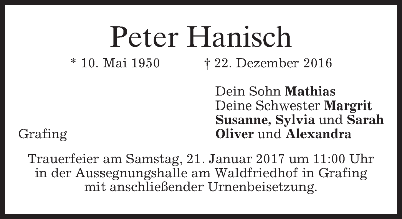  Traueranzeige für Peter Hanisch vom 07.01.2017 aus merkurtz