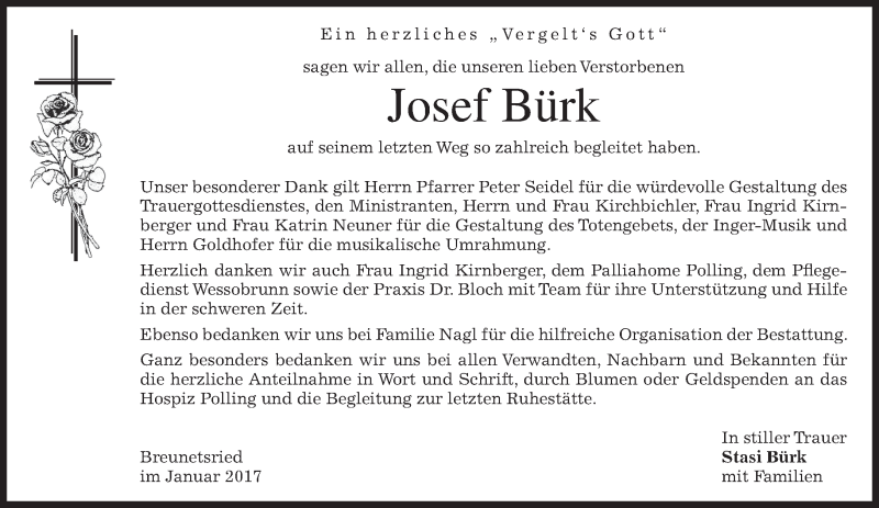  Traueranzeige für Josef Bürk vom 14.01.2017 aus merkurtz