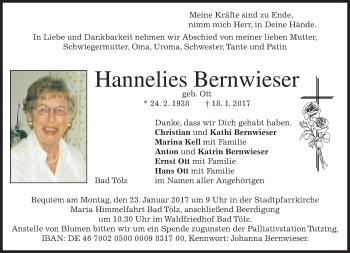 Traueranzeige von Hannelies Bernwieser von merkurtz