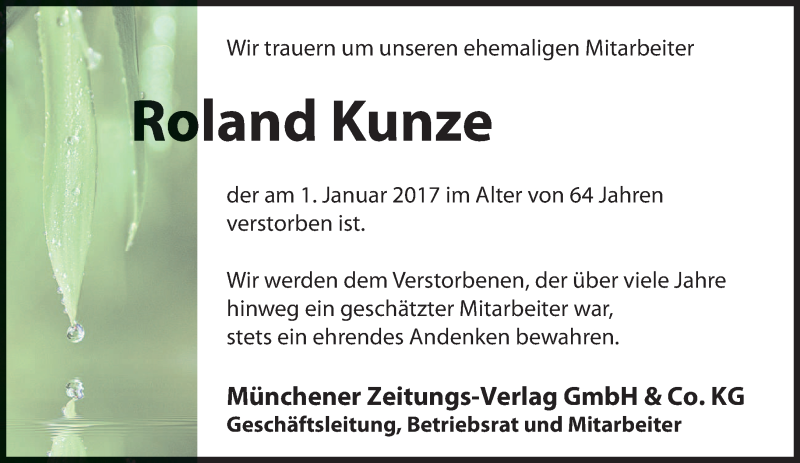  Traueranzeige für Roland Kunze vom 12.01.2017 aus merkurtz