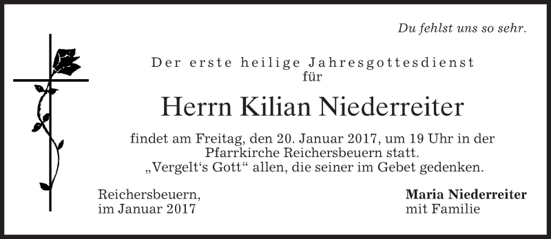  Traueranzeige für Kilian Niederreiter vom 18.01.2017 aus merkurtz