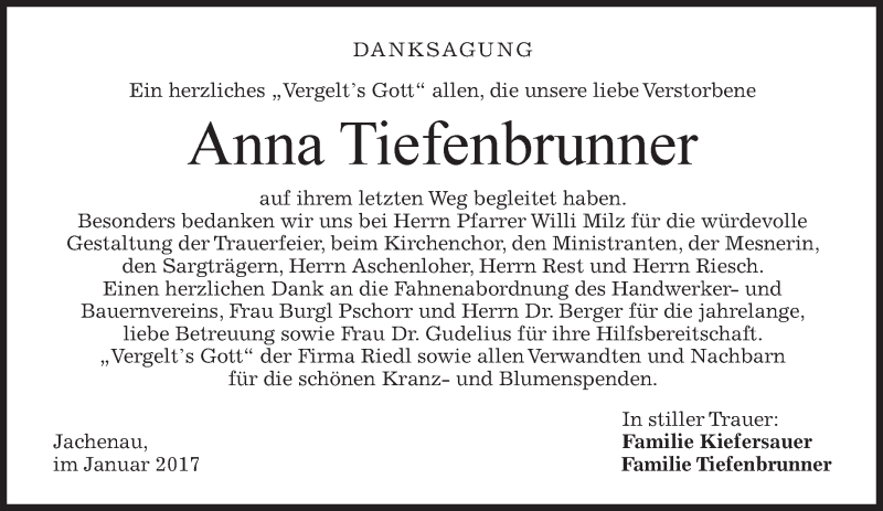 Traueranzeige für Anna Tiefenbrunner vom 07.01.2017 aus merkurtz
