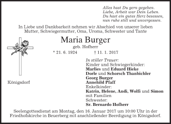 Traueranzeige von Maria Burger von merkurtz