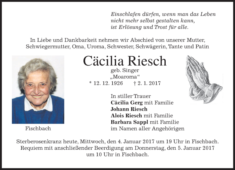  Traueranzeige für Cäcilia Riesch vom 04.01.2017 aus merkurtz