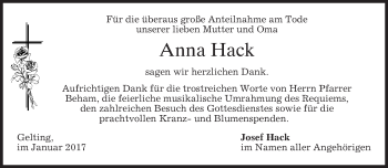 Traueranzeige von Anna Hack von merkurtz