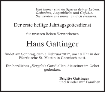 Traueranzeige von Hans Gattinger von merkurtz
