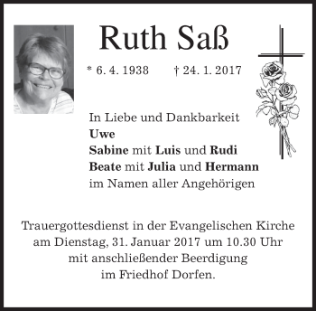 Traueranzeige von Ruth Saß von merkurtz