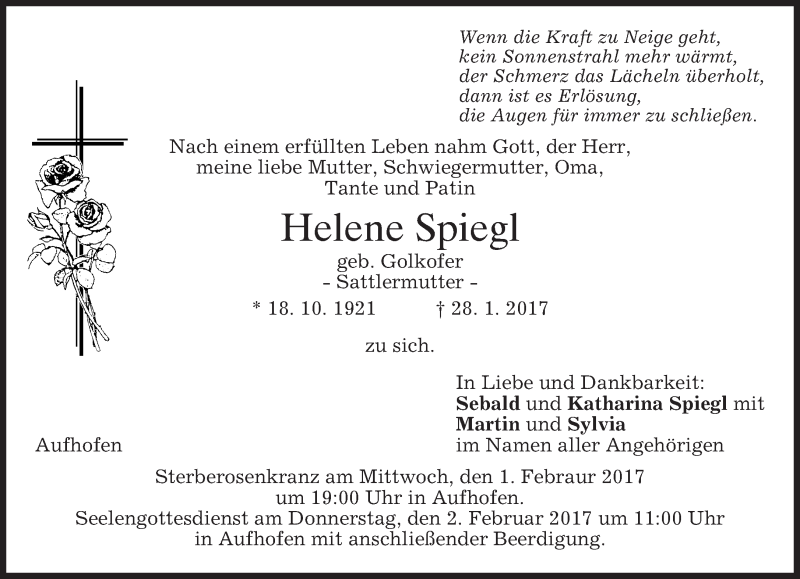  Traueranzeige für Helene Spiegl vom 31.01.2017 aus merkurtz