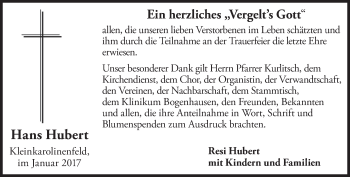Traueranzeige von Hans Hubert von merkurtz