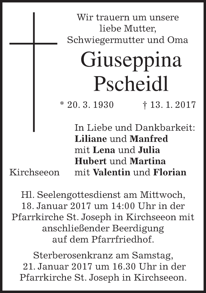  Traueranzeige für Giuseppina Pscheidl vom 16.01.2017 aus merkurtz