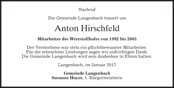 Traueranzeige von Anton Hirschfeld von merkurtz