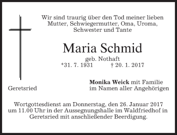 Traueranzeige von Maria Schmid von merkurtz
