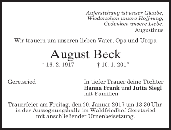 Traueranzeige von August Beck von merkurtz