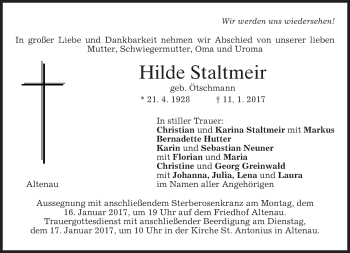 Traueranzeige von Hilde Staltmeir von merkurtz