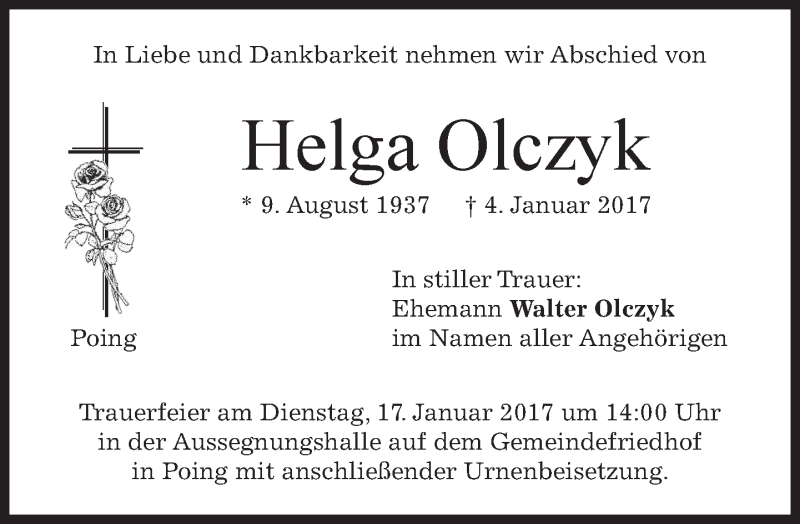  Traueranzeige für Helga Olczyk vom 14.01.2017 aus merkurtz